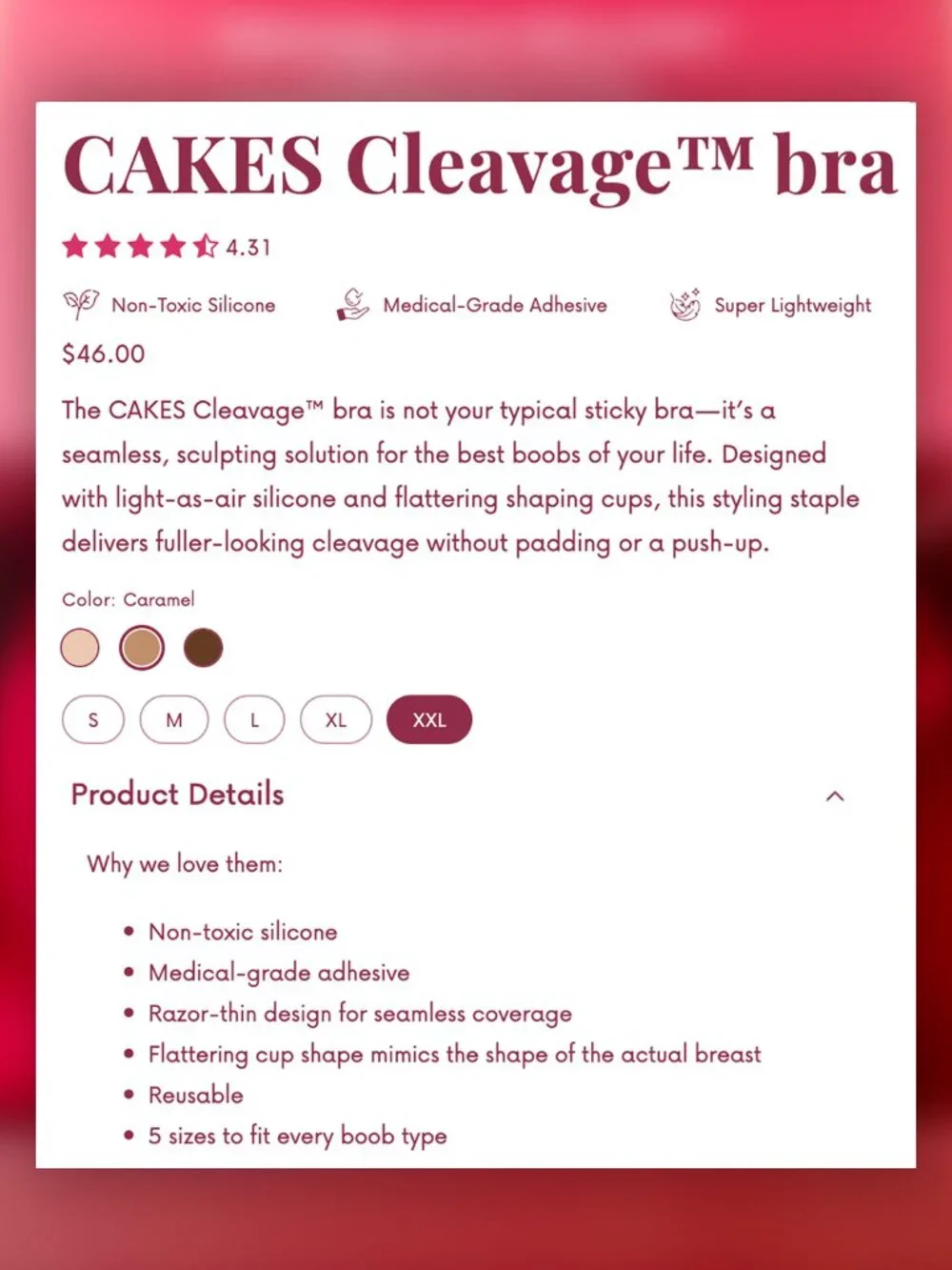 CAKES BODY Cleavage Reusable Stick-On Push-Up Bra - Size XXL